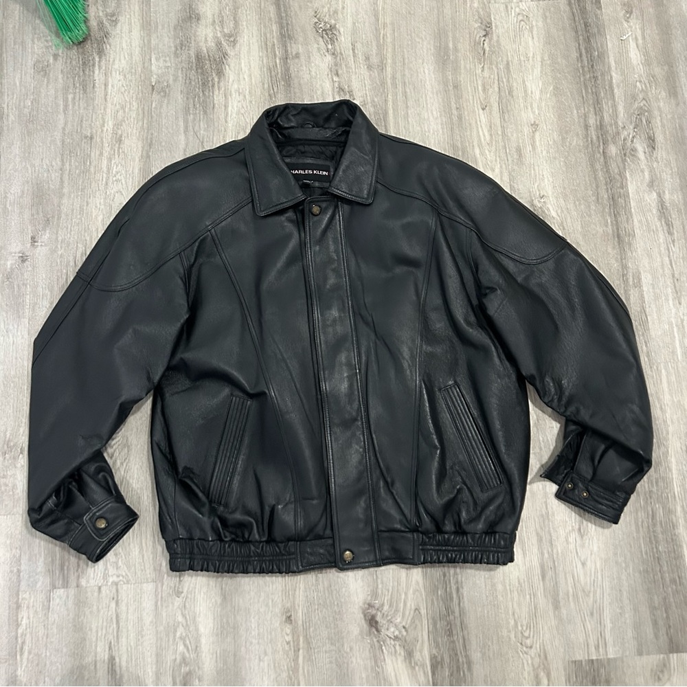 VTG CHARLES KLEIN LEATHER BOMBER JACKET MENS 2XLT BLACK Biker Retro Western Moto